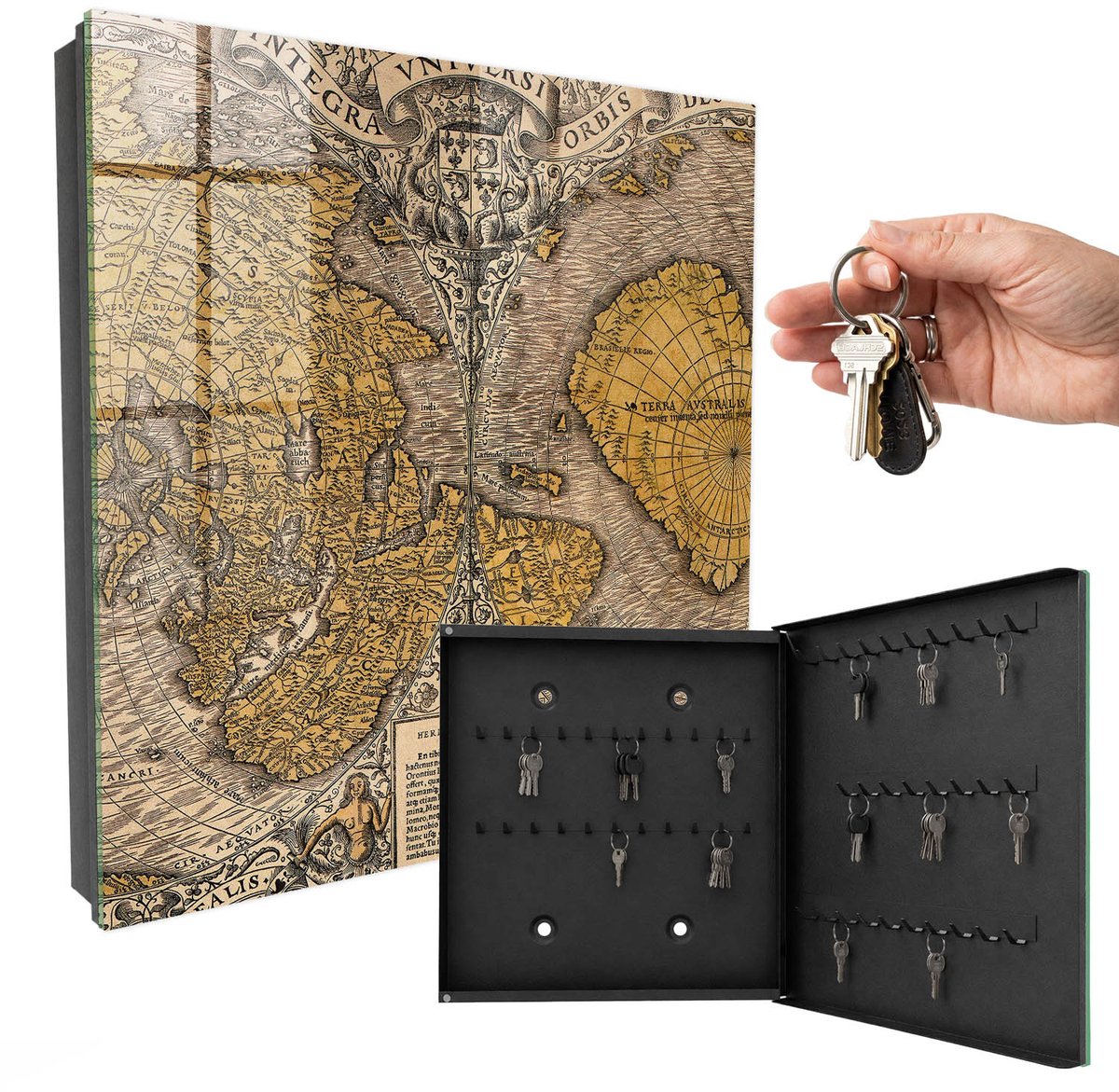 WallMuralia - Sleutelkast - 30x30x5 cm - met 50 haken - Antieke Oude Kaart Sleutelkastje Voor Binnen - Geel Sleutelbox - Rechtsopenend - Zwart interieur