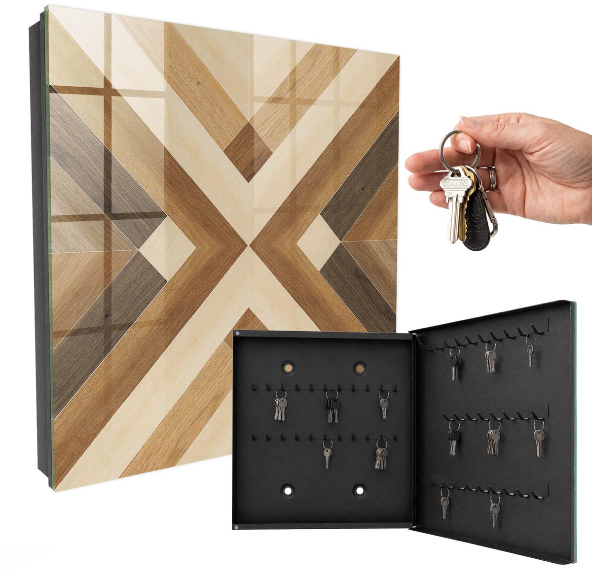 WallMuralia - Sleutelkast - 30x30x5 cm - met 50 haken - Houten Elegantie Sleutelkastje Industrieel - Bruin Sleutelbox - Rechtsopenend - Zwart interieur