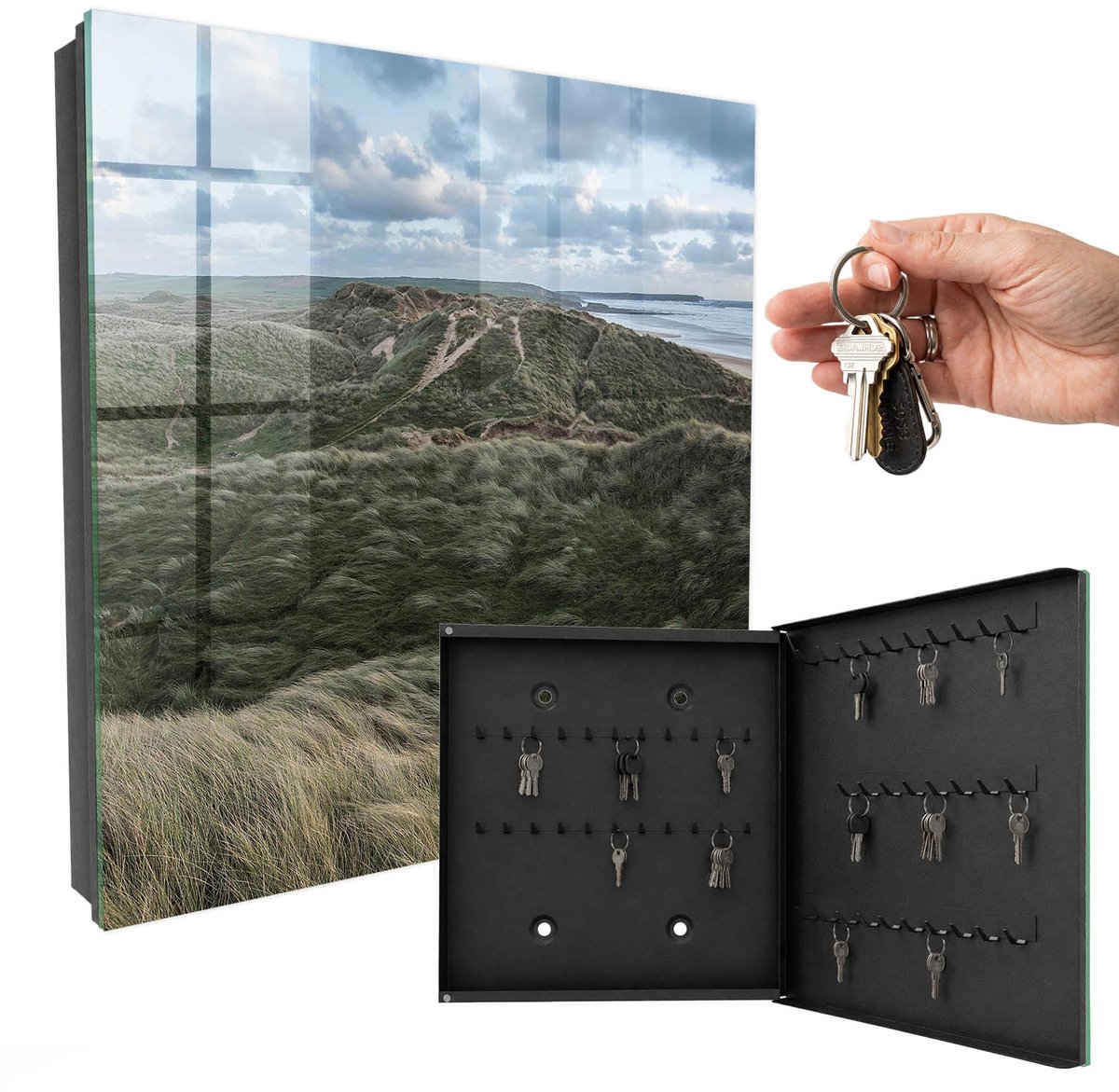WallMuralia - Sleutelkast - 30x30x5 cm - met 50 haken - Groene Heuvels Sleutelkastje Modern - Groente Sleutelbox - Rechtsopenend - Zwart interieur