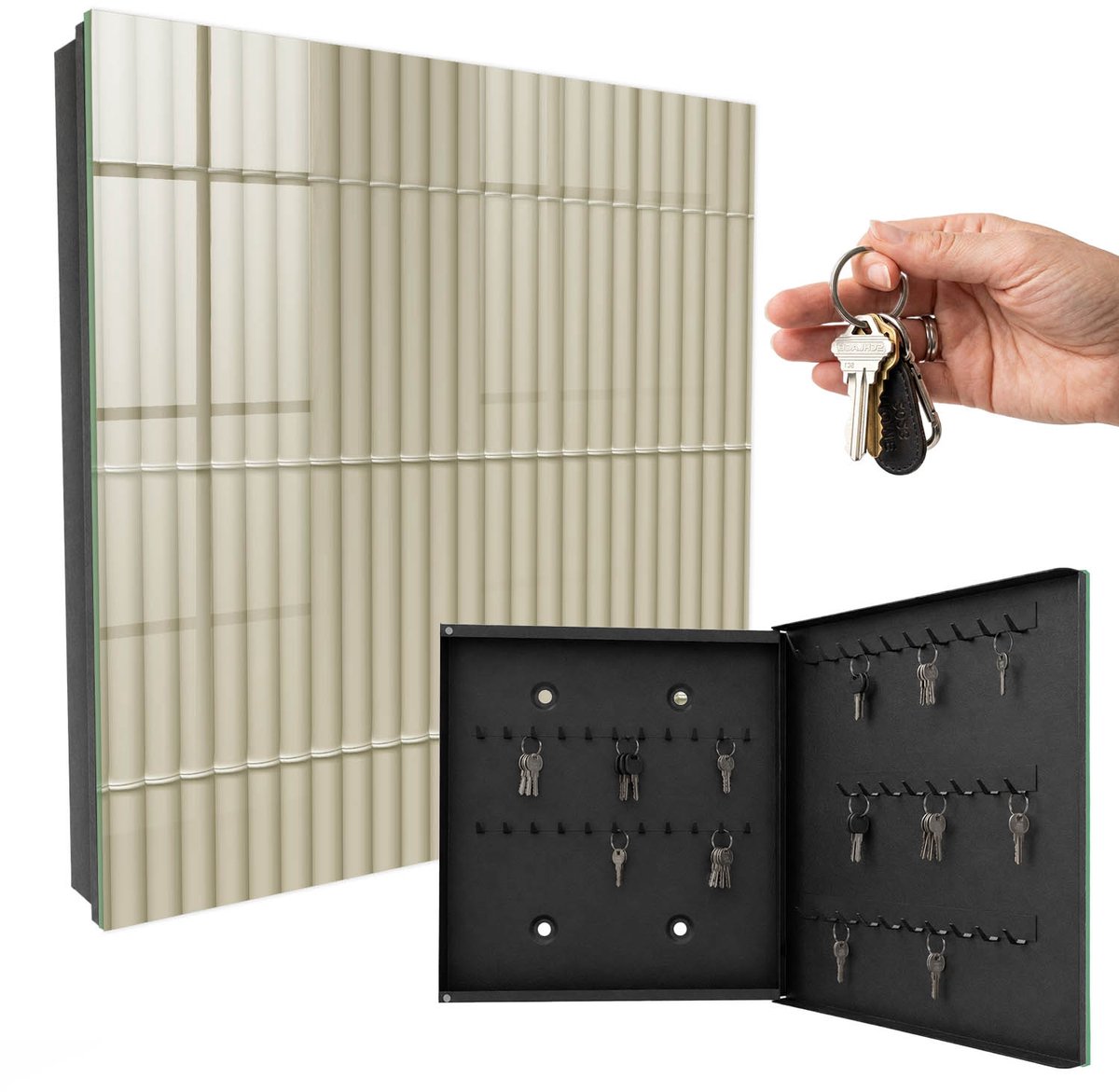 WallMuralia - Sleutelkast - 30x30x5 cm - met 50 haken - Beige Strepen Sleutelkastje Muur - Beige Sleutelbox - Rechtsopenend - Zwart interieur