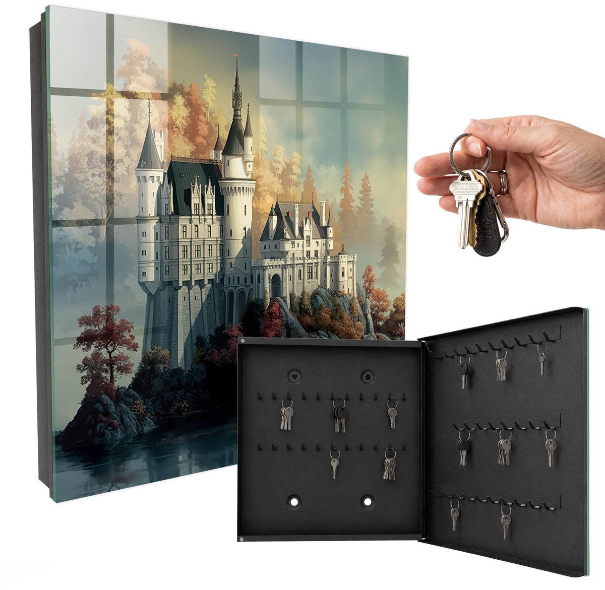 WallMuralia - Sleutelkast - 30x30x5 cm - met 50 haken - Kasteel In De Herfst Groot Sleutelkastje - Grijs Sleutelbox - Rechtsopenend - Zwart interieur