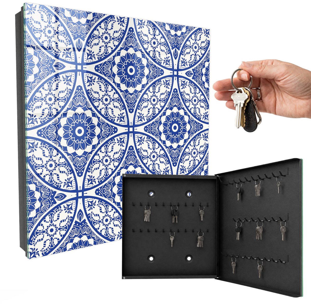 WallMuralia - Sleutelkast - 30x30x5 cm - met 50 haken - Blauw Mozaïek Sleutelkastje Modern - Blauw Sleutelbox - Rechtsopenend - Zwart interieur