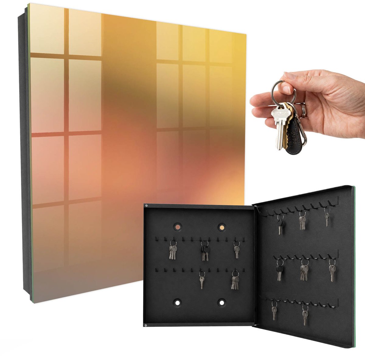 WallMuralia - Sleutelkast - 30x30x5 cm - met 50 haken - Warme Gradiënt Sleutelkastje Gang - Geel Sleutelbox - Rechtsopenend - Zwart interieur
