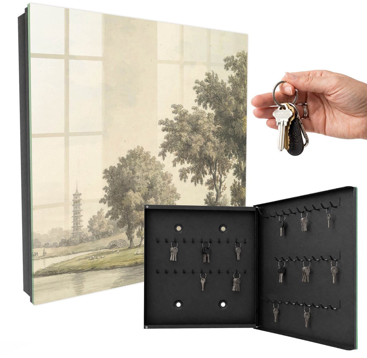 WallMuralia - Sleutelkast - 30x30x5 cm - met 50 haken - Park Met Een Pagode Sleutelkastje Landelijk - Groente Sleutelbox - Rechtsopenend - Zwart interieur