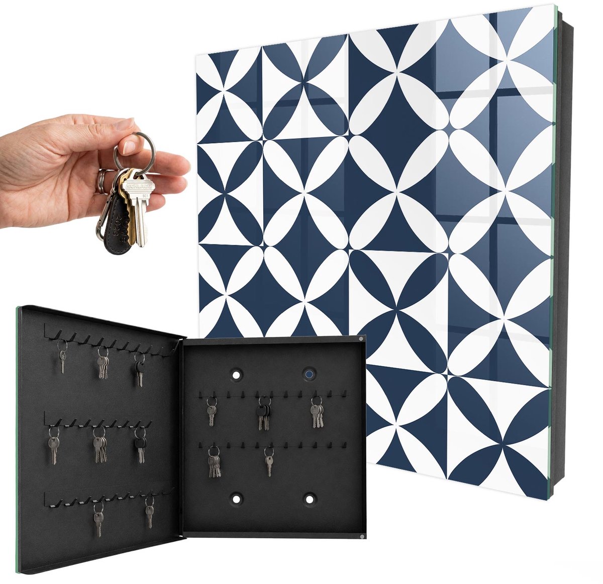 WallMuralia - Sleutelkast - 30x30x5 cm - met 50 haken - Geometrische Elegantie Sleutelkastje Muur - Marine Sleutelbox - Linksopenend - Zwart interieur