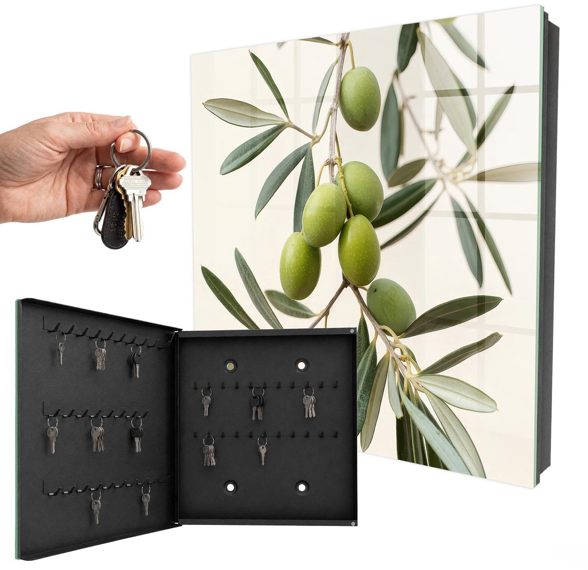 WallMuralia - Sleutelkast - 30x30x5 cm - met 50 haken - Een Tak Met Olijven Sleutelkastje Landelijk - Groente Sleutelbox - Linksopenend - Zwart interieur