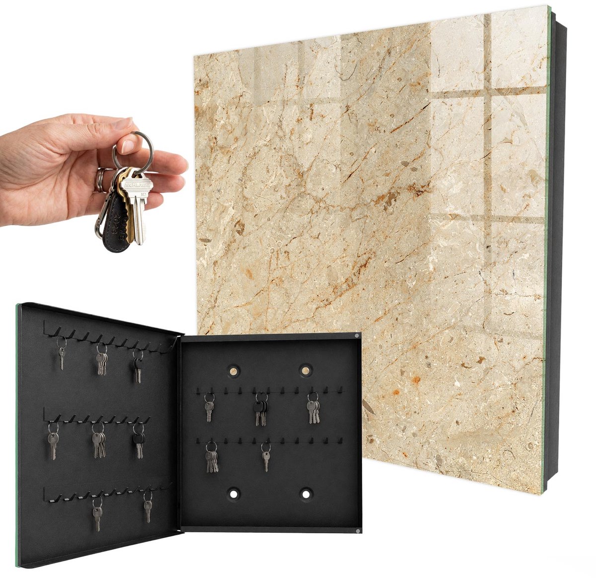 WallMuralia - Sleutelkast - 30x30x5 cm - met 50 haken - Steenpatroon Leuk Sleutelkastje - Beige Sleutelbox - Linksopenend - Zwart interieur