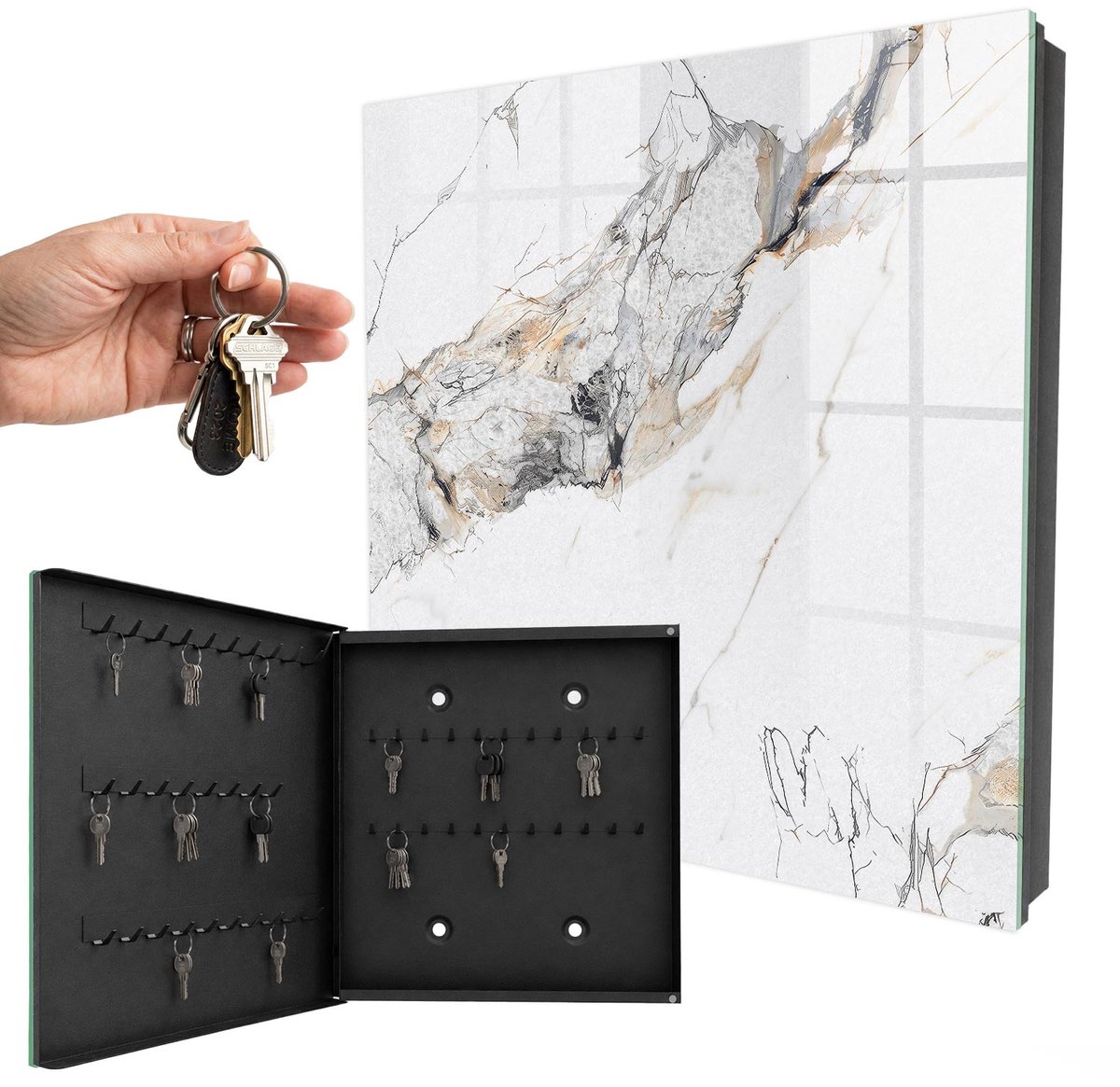 WallMuralia - Sleutelkast - 30x30x5 cm - met 50 haken - Marmeren Elegantie Design Sleutelkastje - Wit Sleutelbox - Linksopenend - Zwart interieur