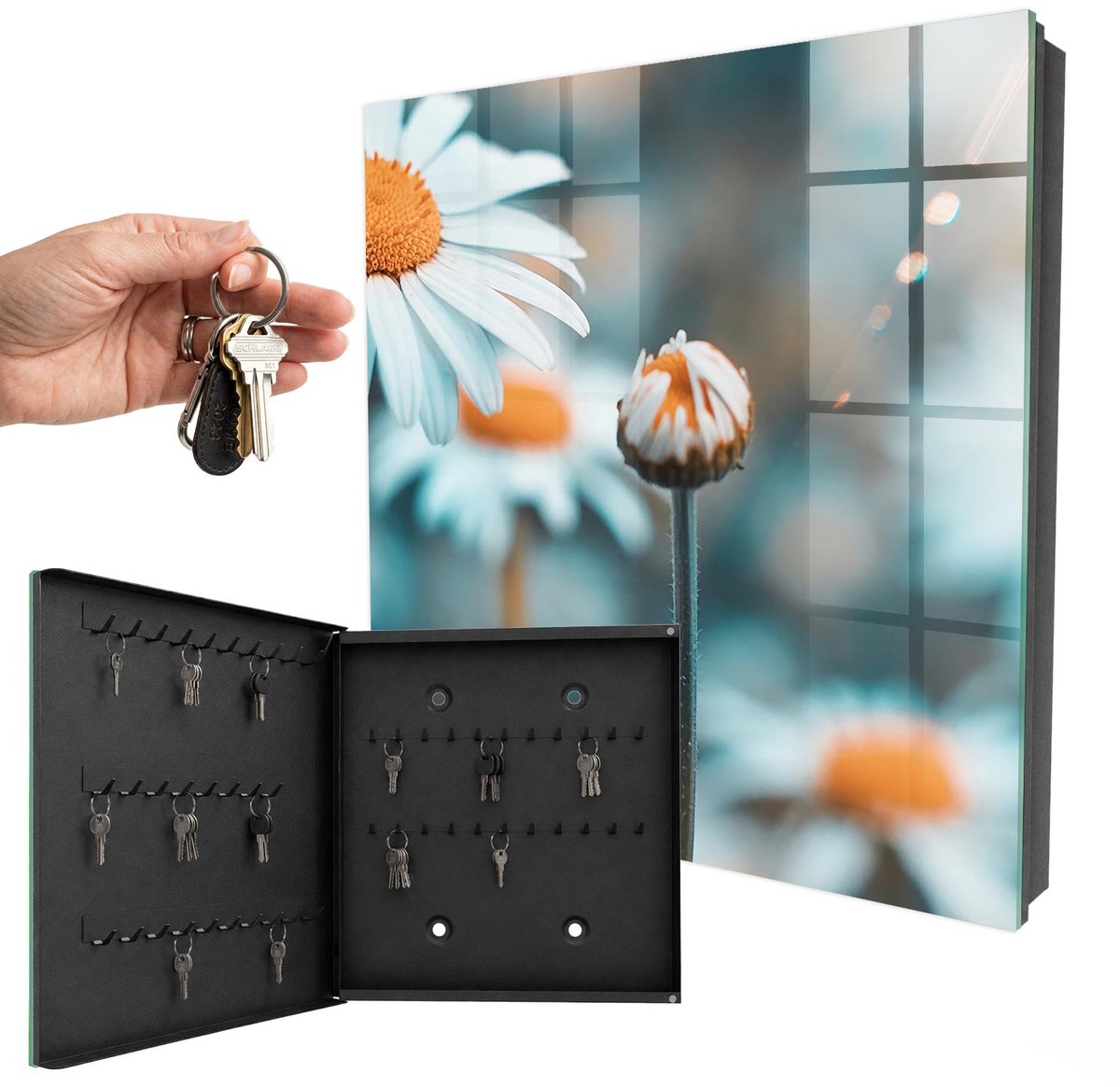 WallMuralia - Sleutelkast - 30x30x5 cm - met 50 haken - Bloemige Lichtheid Sleutelkastje Hal - Wit Sleutelbox - Linksopenend - Zwart interieur