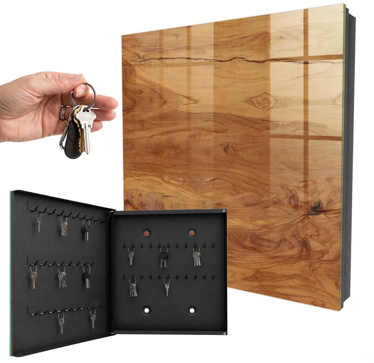 WallMuralia - Sleutelkast - 30x30x5 cm - met 50 haken - Houtstructuur Sleutelkastje Klein - Bruin Sleutelbox - Linksopenend - Zwart interieur