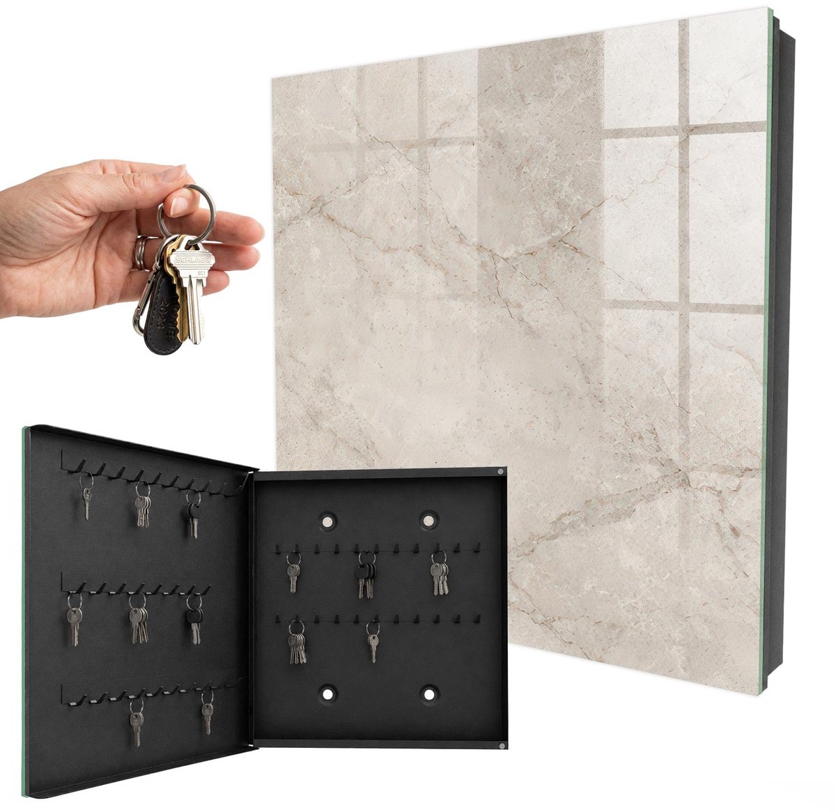 WallMuralia - Sleutelkast - 30x30x5 cm - met 50 haken - Subtiele Elegantie Sleutelkastje Gang - Beige Sleutelbox - Linksopenend - Zwart interieur