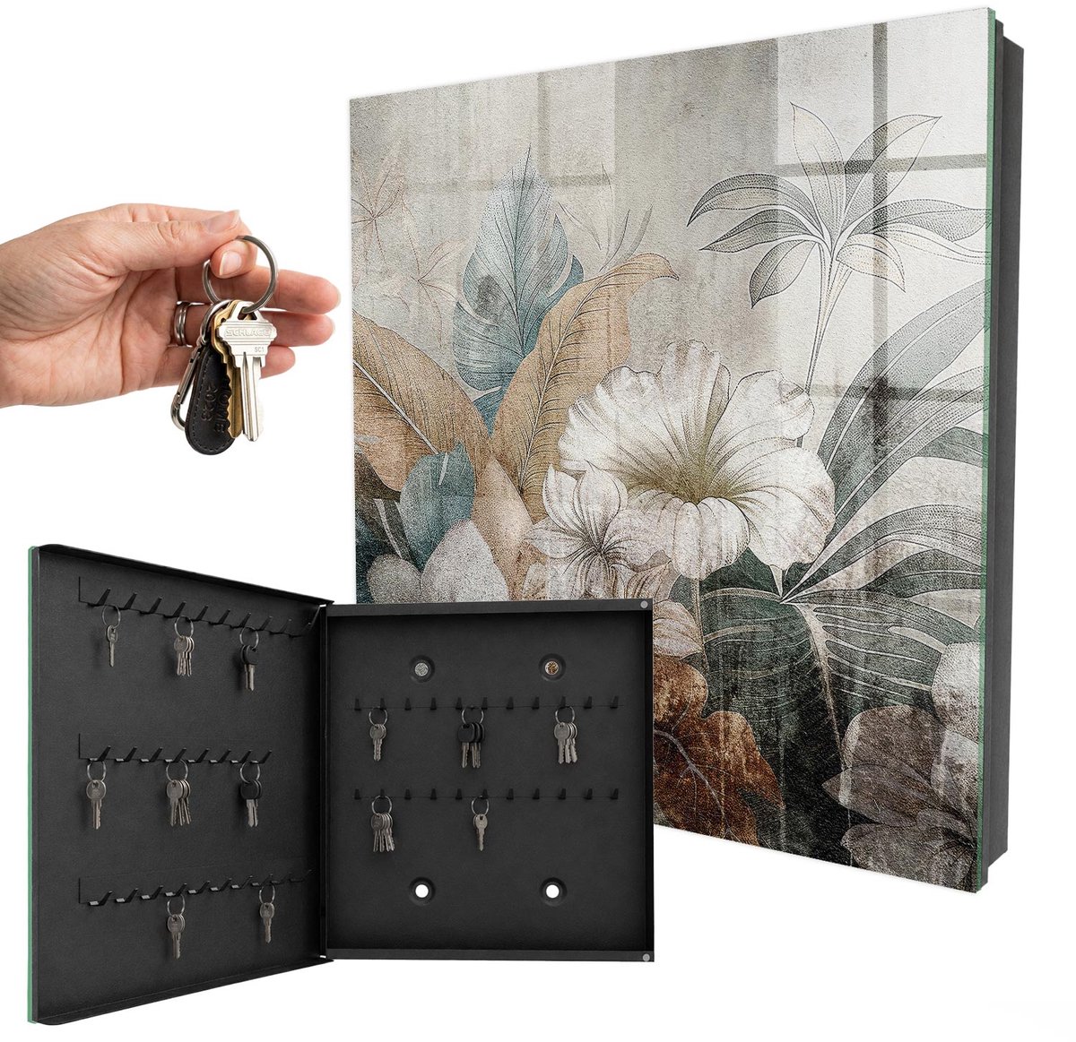 WallMuralia - Sleutelkast - 30x30x5 cm - met 50 haken - Bloemen Natuur Sleutelkastje Binnen - Beige Sleutelbox - Linksopenend - Zwart interieur