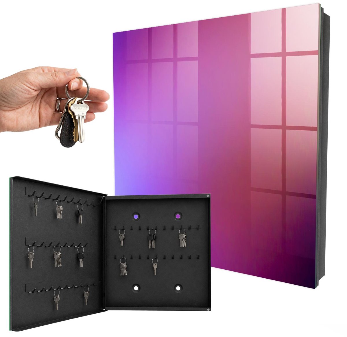 WallMuralia - Sleutelkast - 30x30x5 cm - met 50 haken - Kleurrijk Verloop Sleutelkastje Landelijk - Paars Sleutelbox - Linksopenend - Zwart interieur