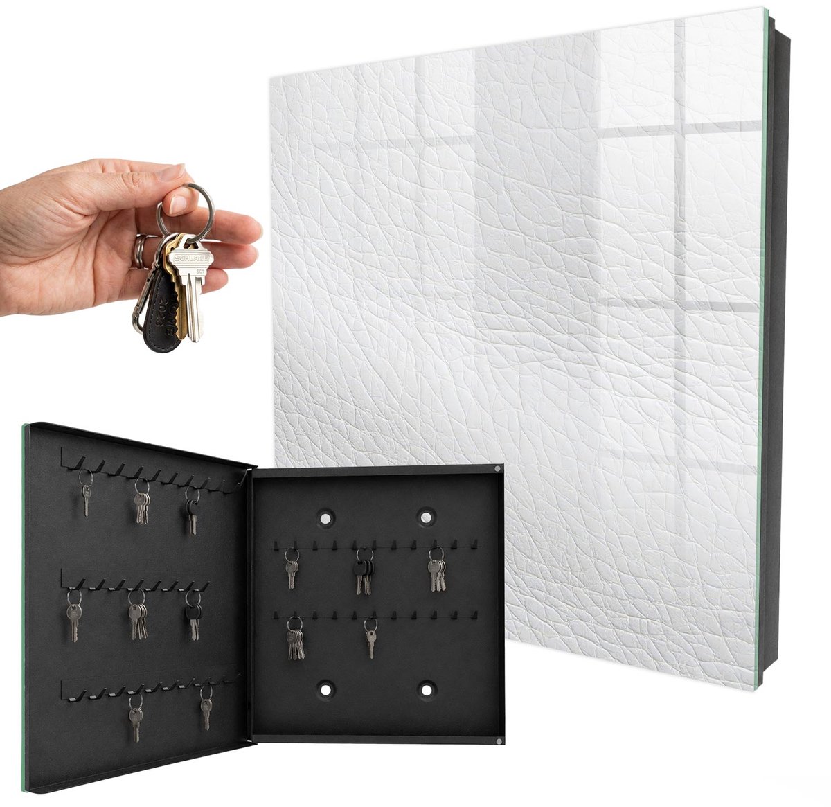 WallMuralia - Sleutelkast - 30x30x5 cm - met 50 haken - Lichte Huidtextuur Leuk Sleutelkastje - Wit Sleutelbox - Linksopenend - Zwart interieur