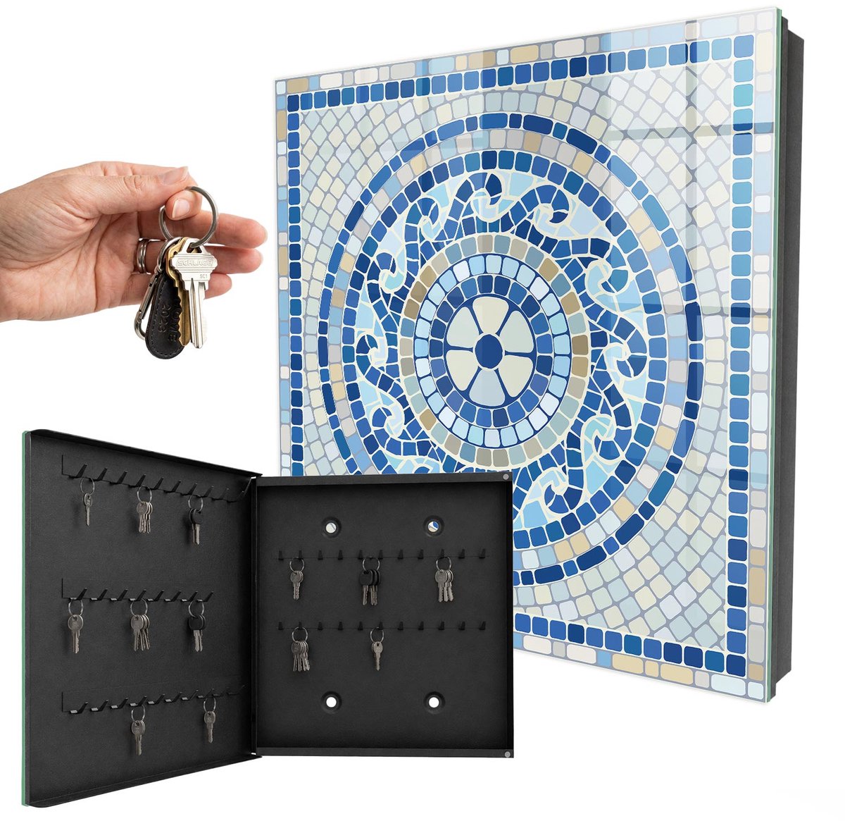 WallMuralia - Sleutelkast - 30x30x5 cm - met 50 haken - Geometrische Mozaïek Sleutelkastje Voor Binnen - Blauw Sleutelbox - Linksopenend - Zwart interieur