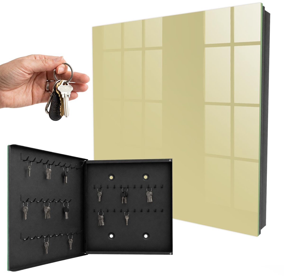 WallMuralia - Sleutelkast - 30x30x5 cm - met 50 haken - Pastelgeel Sleutelkastje Klein - Geel Sleutelbox - Linksopenend - Zwart interieur
