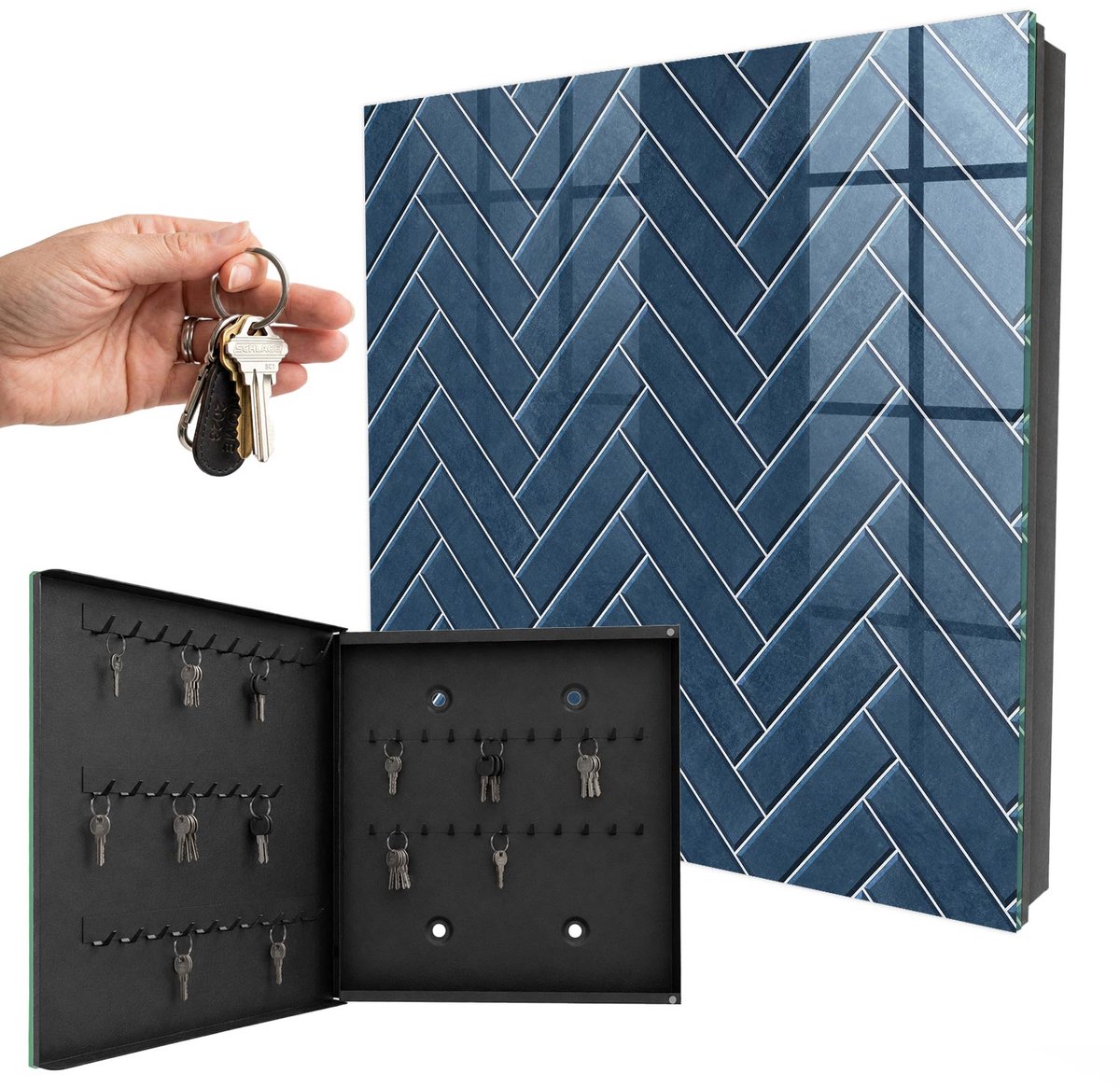 WallMuralia - Sleutelkast - 30x30x5 cm - met 50 haken - Visgraatpatroon Marineblauw Sleutelkastje Design - Marine Sleutelbox - Linksopenend - Zwart interieur