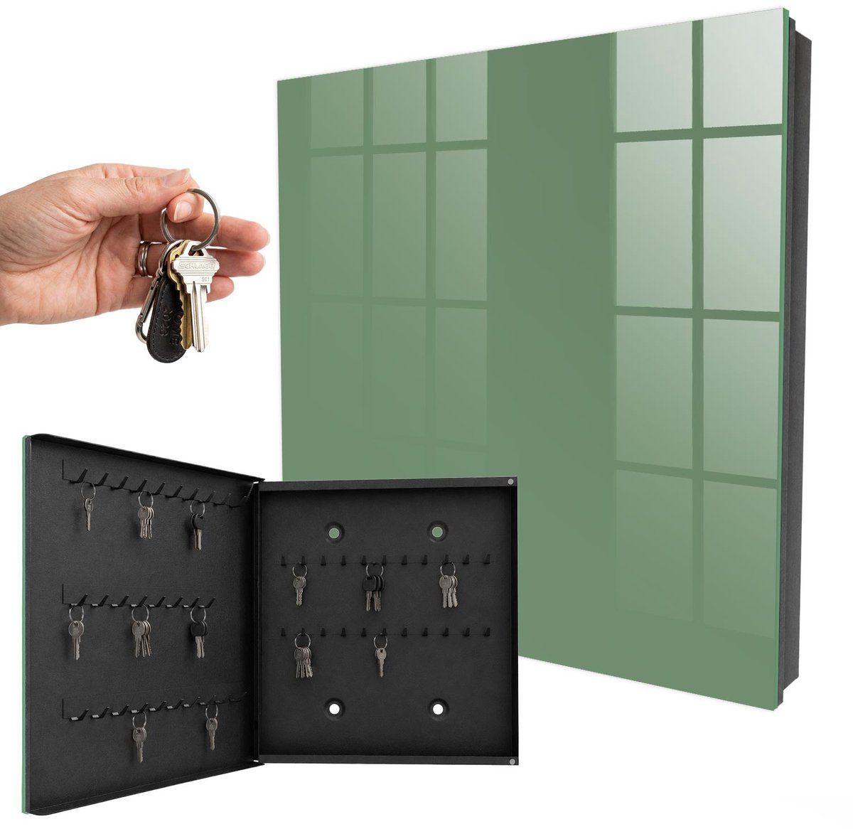 WallMuralia - Sleutelkast - 30x30x5 cm - met 50 haken - Gedempt Groen Sleutelkastje - Groente Sleutelbox - Linksopenend - Zwart interieur