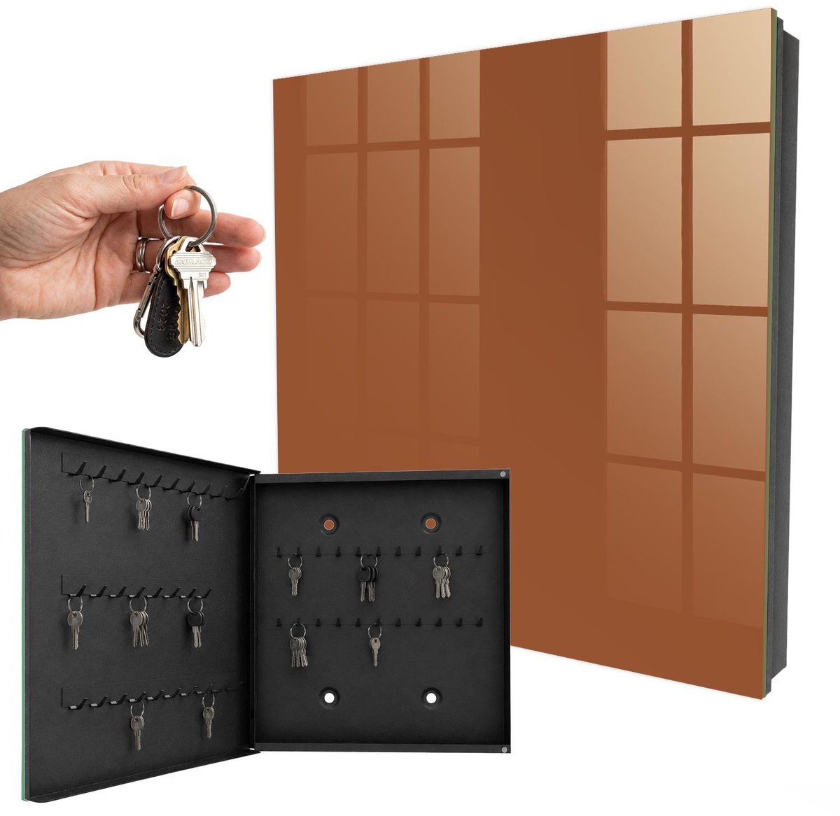 WallMuralia - Sleutelkast - 30x30x5 cm - met 50 haken - Donkeroranje Design Sleutelkastje - Oranje Sleutelbox - Linksopenend - Zwart interieur