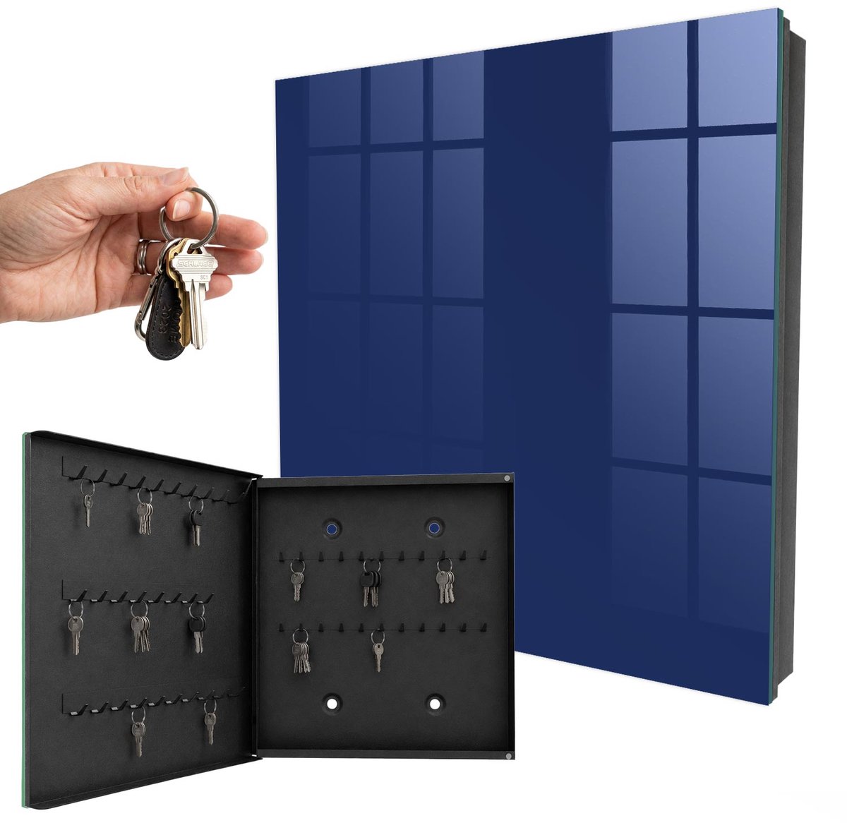 WallMuralia - Sleutelkast - 30x30x5 cm - met 50 haken - Levendig Marineblauw Sleutelkastje Modern - Marine Sleutelbox - Linksopenend - Zwart interieur