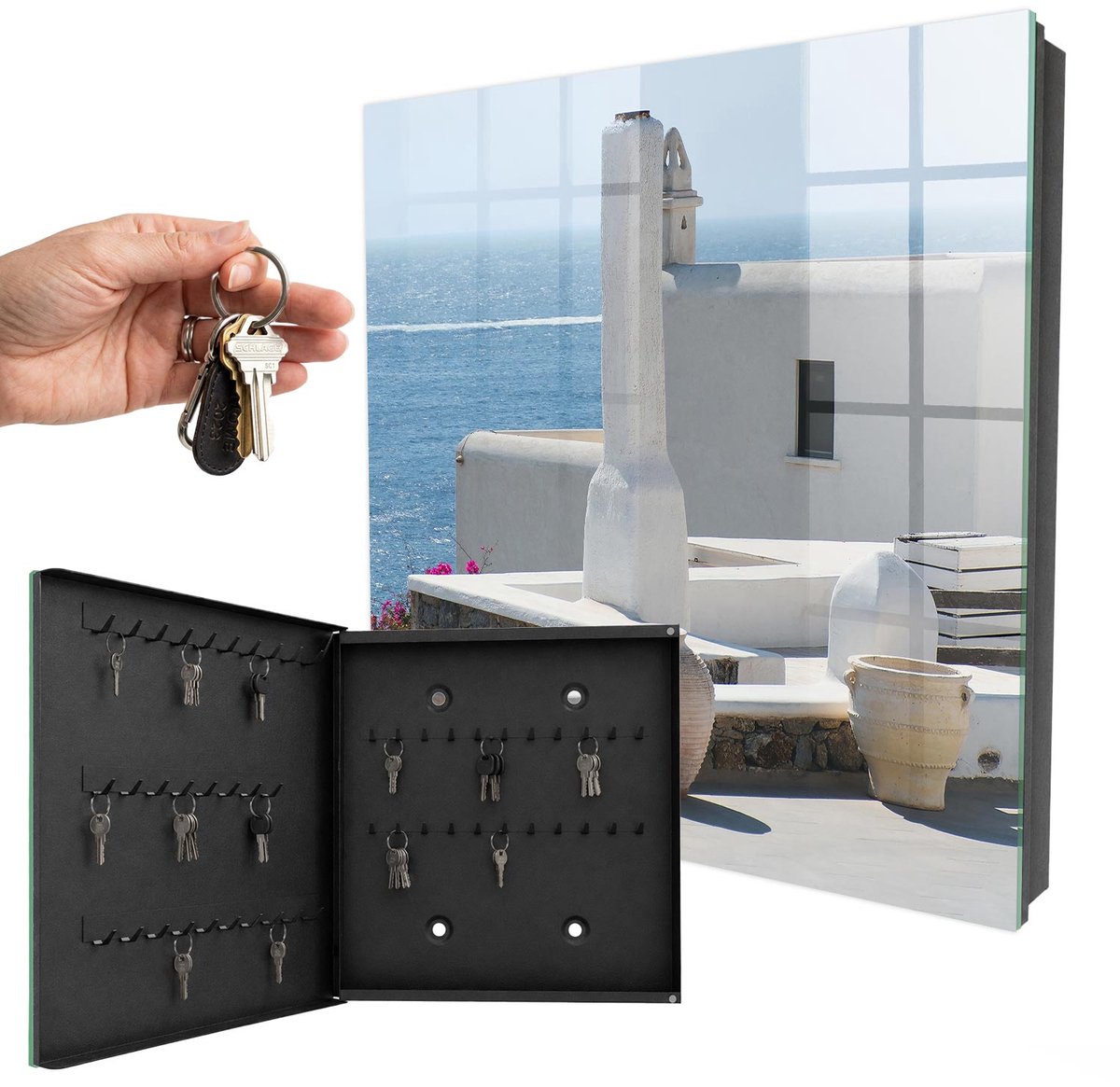 WallMuralia - Sleutelkast - 30x30x5 cm - met 50 haken - Griekse Witte Huizen Aan Zee Sleutelkastje Klein - Wit Sleutelbox - Linksopenend - Zwart interieur
