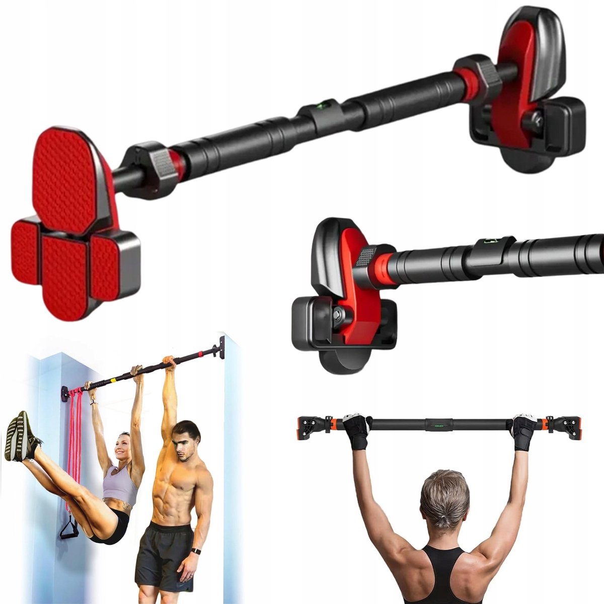 Pull up Bar Deur - Optrekstang Fitness - 73-100 cm - 136kg Draagkracht - Krachttraining - Zonder Boren - Eenvoudige Bevestiging - Voor Thuis - Zwart/Rood