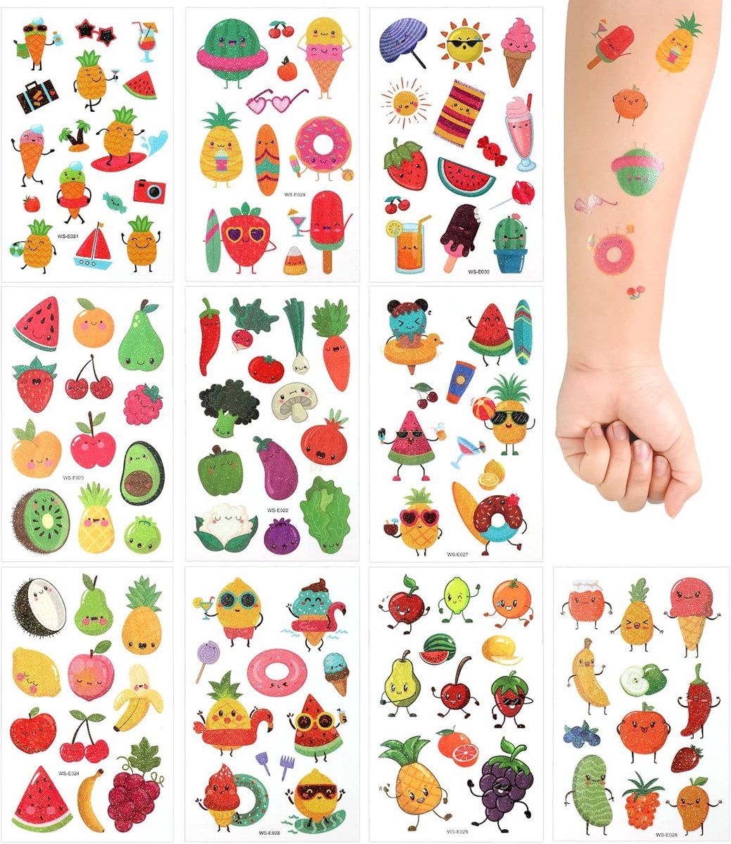 10 Vellen Kindertatoeages, Tatoos Kinderen Waterdicht Zweetbestendig Kindertatoeages Tijdelijk voor Gelukkige Verjaardagkinderdag voor Activiteits Zomerfruit Themafeest Decoratie