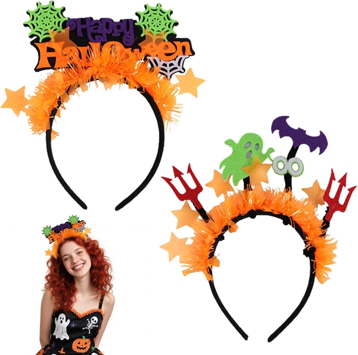 Fluorescerende hoofdband met spinnenweb en letters voor Halloween, carnaval en themafeesten, heksen kostuum accessoires