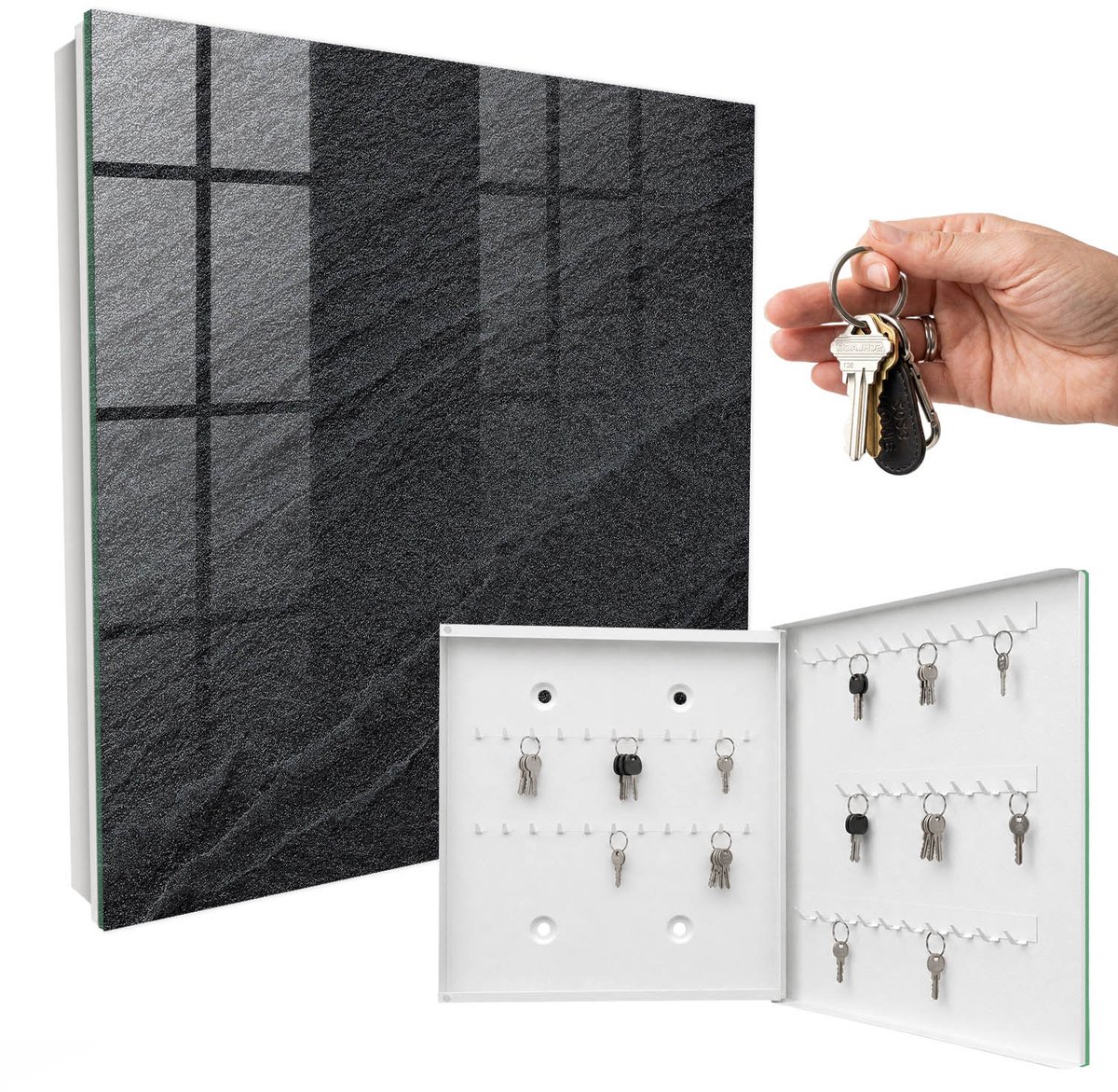 WallMuralia - Sleutelkast - 30x30x5 cm - met 50 haken - Stenen Constructie Sleutelkastje Huis - Zwart Sleutelbox - Rechtsopenend - Wit interieur