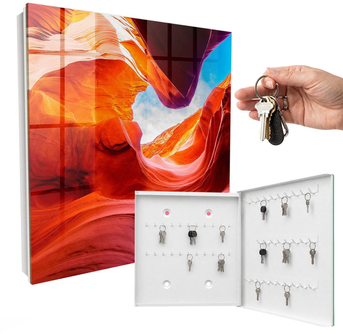 WallMuralia - Sleutelkast - 30x30x5 cm - met 50 haken - Kleurrijke Rotsen Sleutelkastje Voor Binnen - Oranje Sleutelbox - Rechtsopenend - Wit interieur