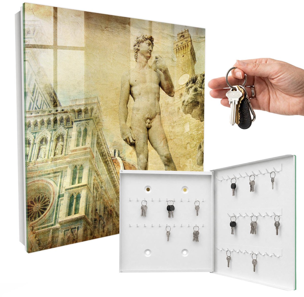 WallMuralia - Sleutelkast - 30x30x5 cm - met 50 haken - Florence Renaissance Groot Sleutelkastje - Beige Sleutelbox - Rechtsopenend - Wit interieur