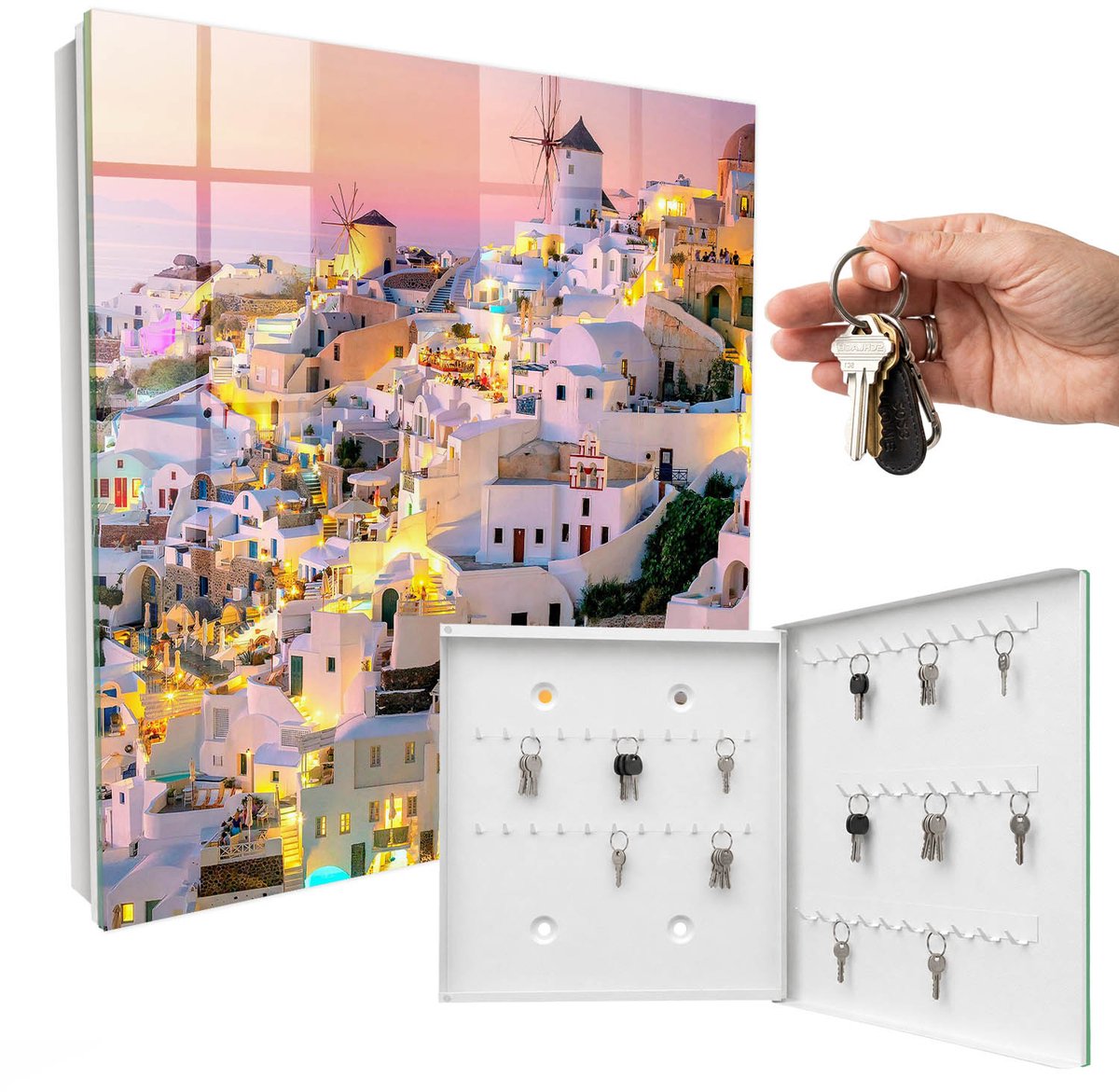 WallMuralia - Sleutelkast - 30x30x5 cm - met 50 haken - Grieks Landschap Sleutelkastje Landelijk - Wit Sleutelbox - Rechtsopenend - Wit interieur
