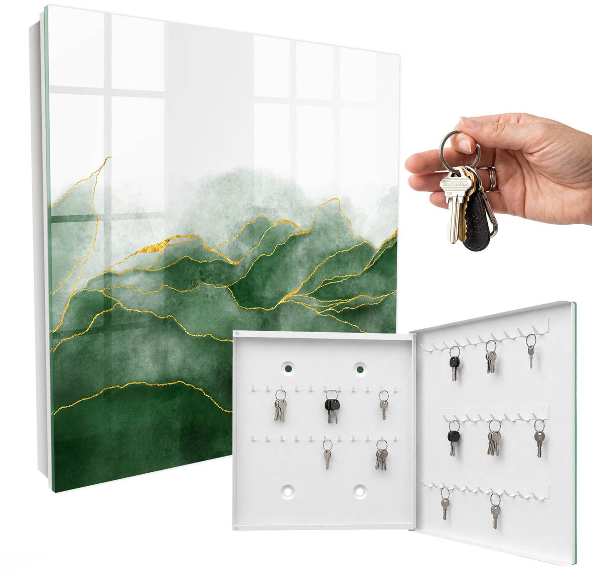 WallMuralia - Sleutelkast - 30x30x5 cm - met 50 haken - Groene Heuvels Sleutelkastje Binnen - Groente Sleutelbox - Rechtsopenend - Wit interieur