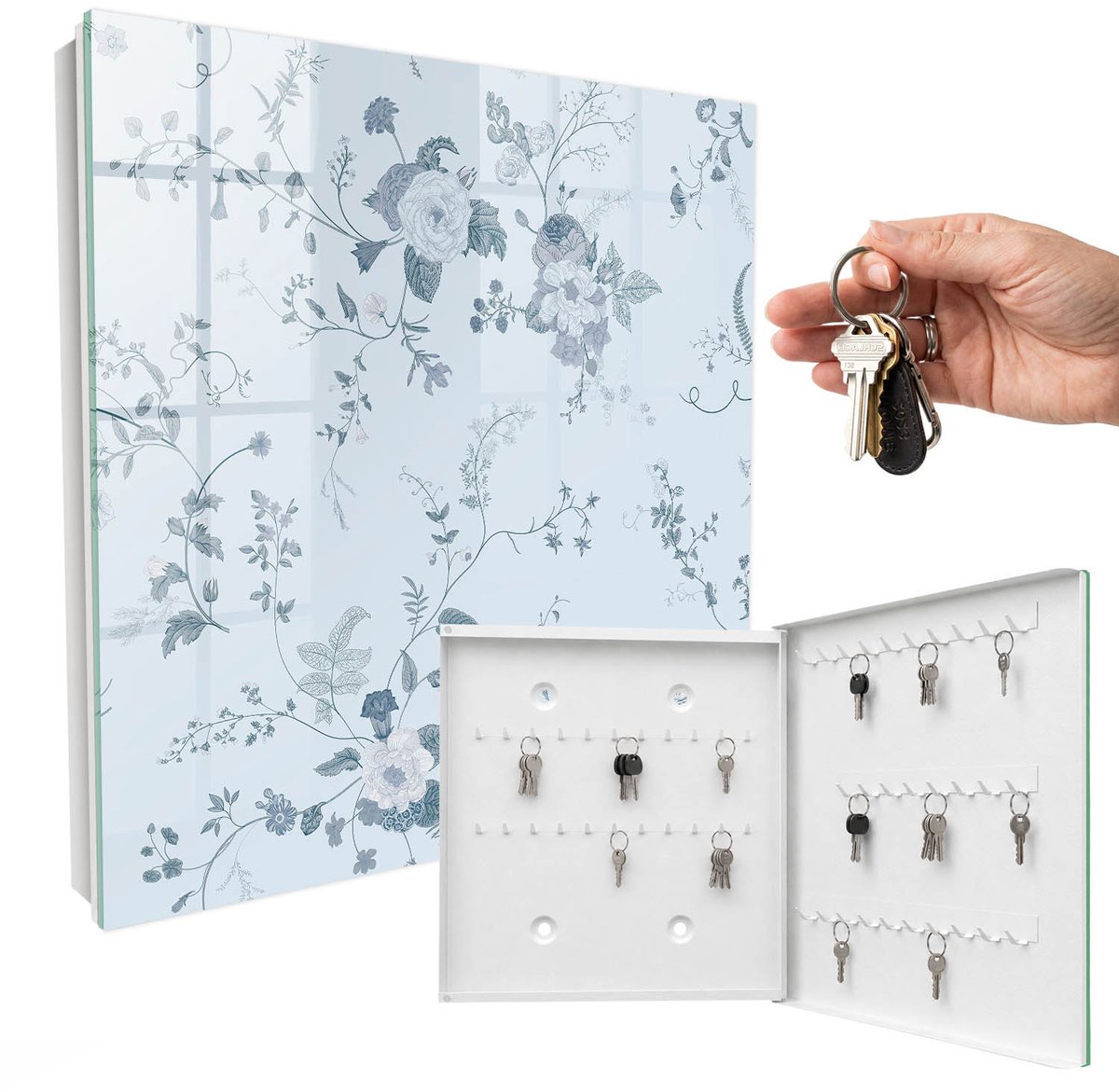 WallMuralia - Sleutelkast - 30x30x5 cm - met 50 haken - Botanische Bloemen Sleutelkastje - Blauw Sleutelbox - Rechtsopenend - Wit interieur