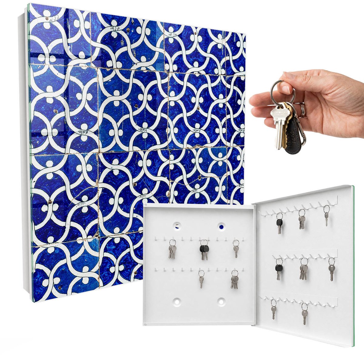 WallMuralia - Sleutelkast - 30x30x5 cm - met 50 haken - Geometrische Tegels Sleutelkastje Industrieel - Blauw Sleutelbox - Rechtsopenend - Wit interieur