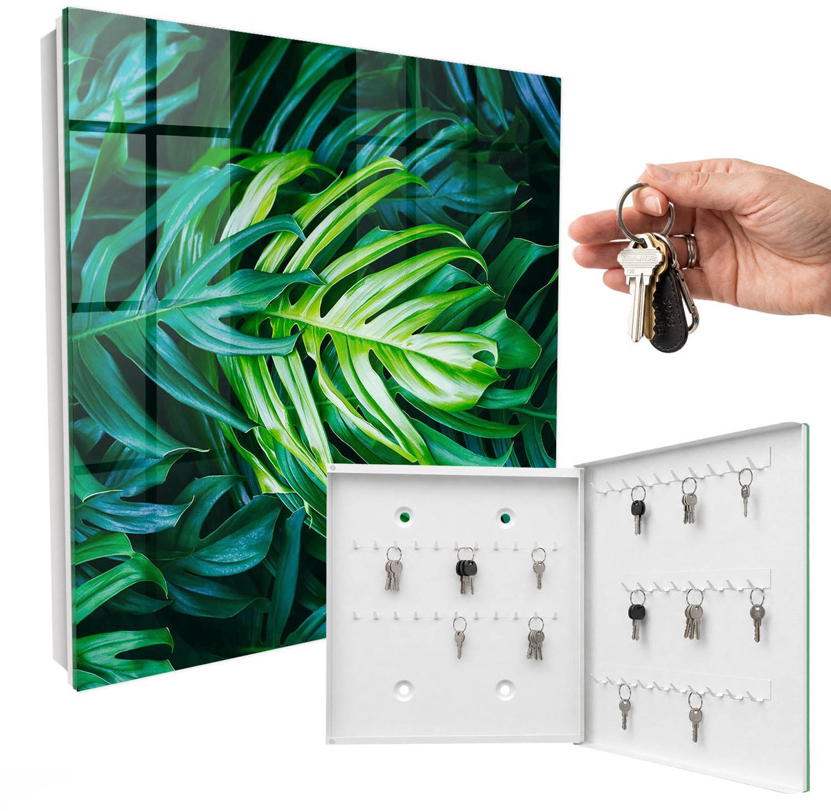 WallMuralia - Sleutelkast - 30x30x5 cm - met 50 haken - Groene Bladeren Sleutelkastje Muur - Groente Sleutelbox - Rechtsopenend - Wit interieur