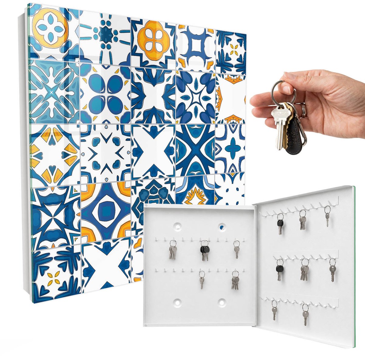 WallMuralia - Sleutelkast - 30x30x5 cm - met 50 haken - Geometrische Patronen Sleutelkastje Voor Binnen - Blauw Sleutelbox - Rechtsopenend - Wit interieur