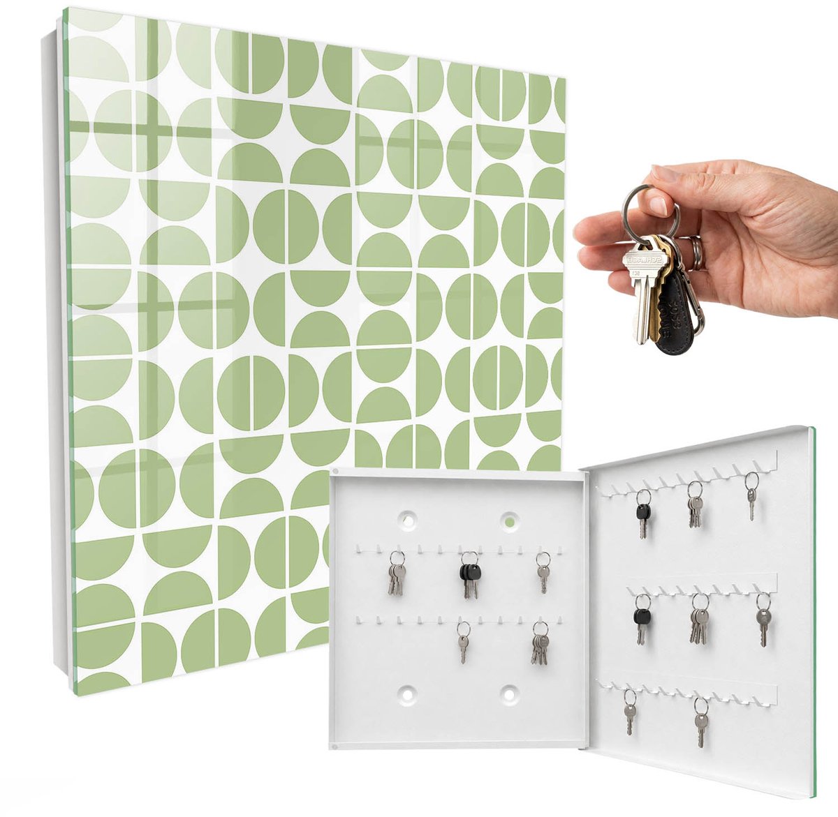 WallMuralia - Sleutelkast - 30x30x5 cm - met 50 haken - Groene Geometrie Sleutelkastje Industrieel - Groente Sleutelbox - Rechtsopenend - Wit interieur