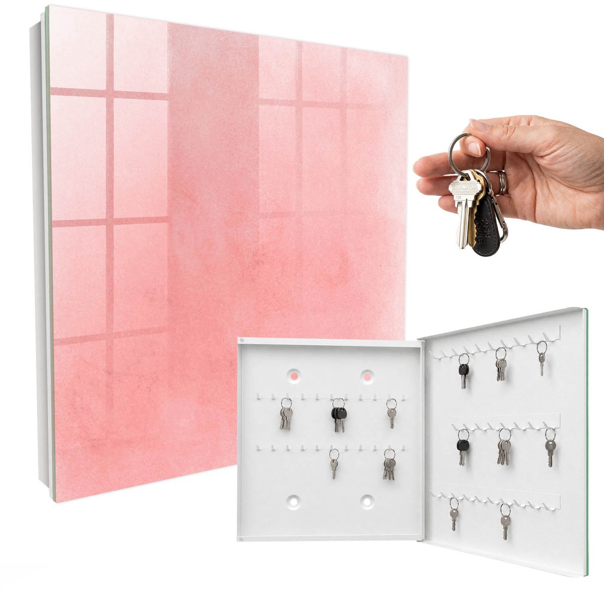 WallMuralia - Sleutelkast - 30x30x5 cm - met 50 haken - Roze Achtergrond Sleutelkastje - Roze Sleutelbox - Rechtsopenend - Wit interieur