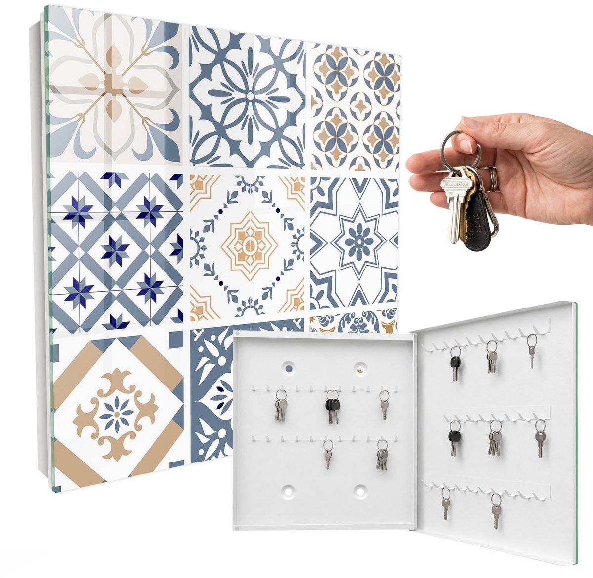 WallMuralia - Sleutelkast - 30x30x5 cm - met 50 haken - Tegelpatronen Sleutelkastje Industrieel - Blauw Sleutelbox - Rechtsopenend - Wit interieur
