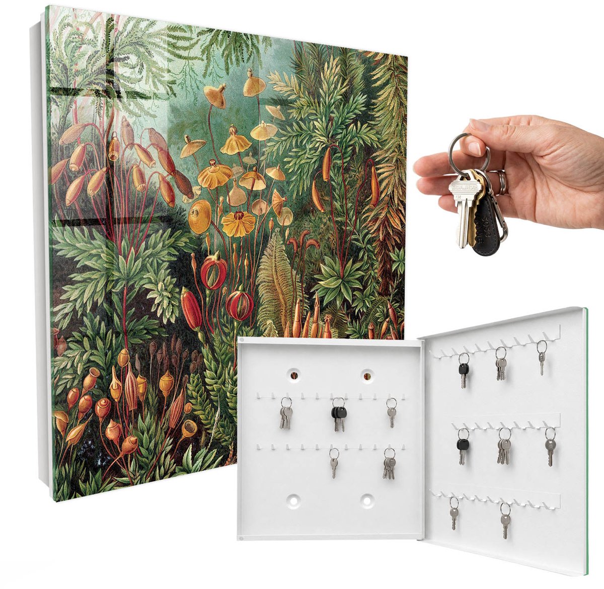 WallMuralia - Sleutelkast - 30x30x5 cm - met 50 haken - Groene Bladeren Sleutelkastje Klein - Groente Sleutelbox - Rechtsopenend - Wit interieur