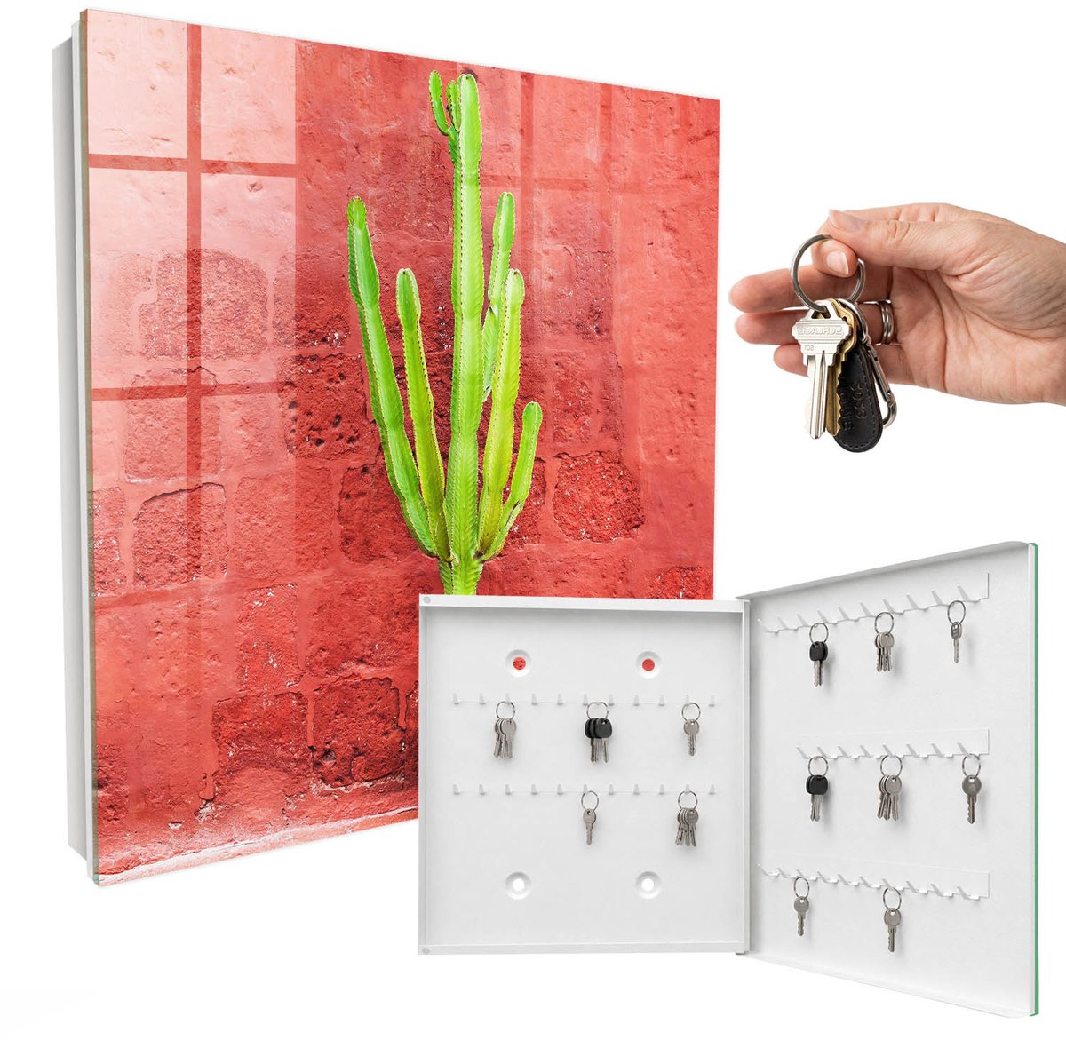 WallMuralia - Sleutelkast - 30x30x5 cm - met 50 haken - Groene Cactus Sleutelkastje Gang - Rood Sleutelbox - Rechtsopenend - Wit interieur