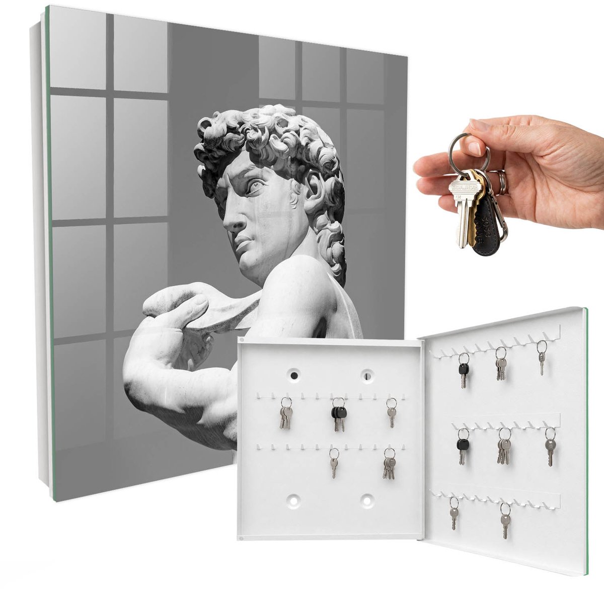 WallMuralia - Sleutelkast - 30x30x5 cm - met 50 haken - Klassieke Elegantie Sleutelkastje Gang - Grijs Sleutelbox - Rechtsopenend - Wit interieur