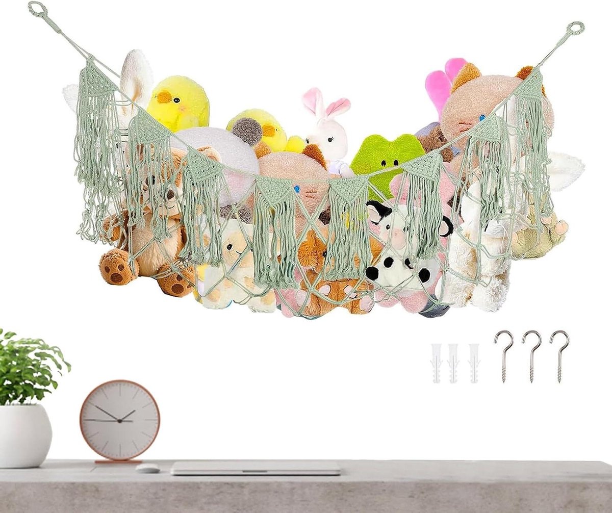 Knuffel Opbergnet - Speelgoed Hangmat - Kamer Organiseren - Handgeknoopt Weefsel - 150x40 cm - Olijfgroen