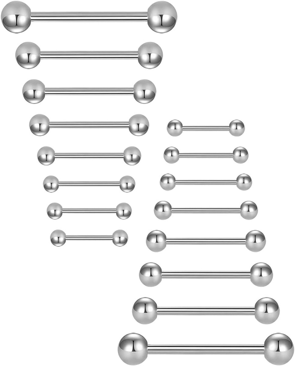 16-delige tongpiercing-set van 14 G-chirurgisch staal.