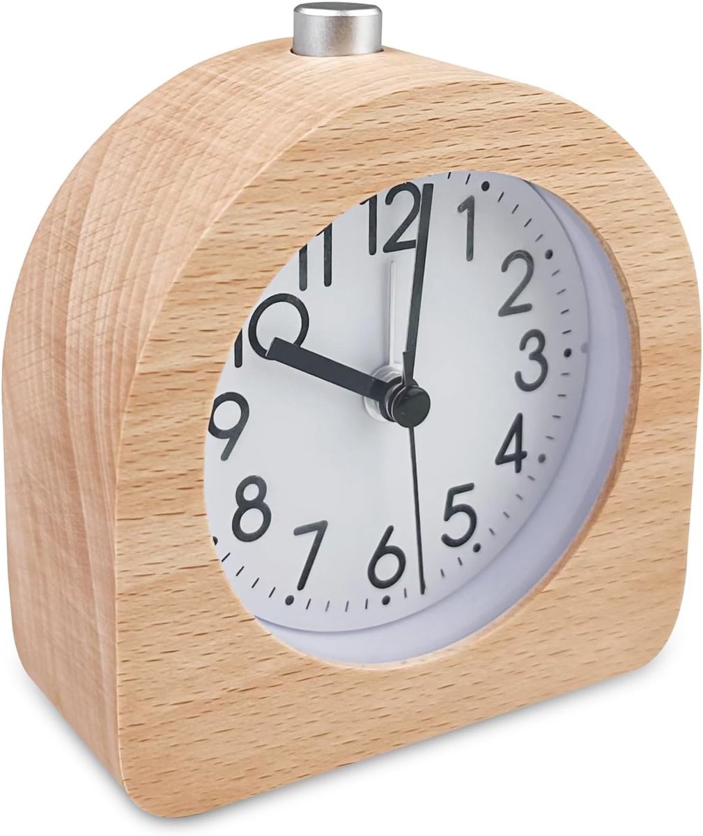 Wekker, analoog, zonder tikken, nachtkastje, tafelklok met nachtlampje, retro houten wekker, met snooze, voor kantoor, slaapkamer, werkkamer, kinderkamer, natuurlijk hout in lichtbruin
