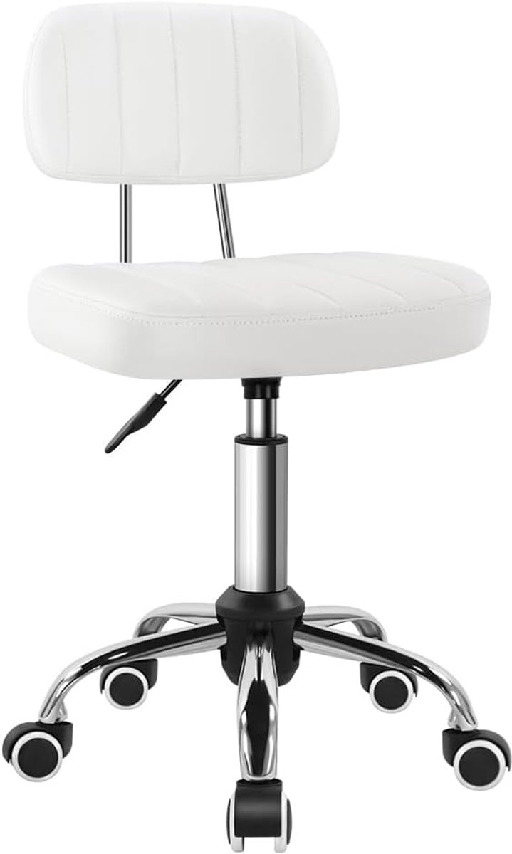 Vierkante draaikruk met wiel, perfect voor werk, spa, winkel, massage, in hoogte verstelbare en kosteneffectieve rolkruk met rug, wit