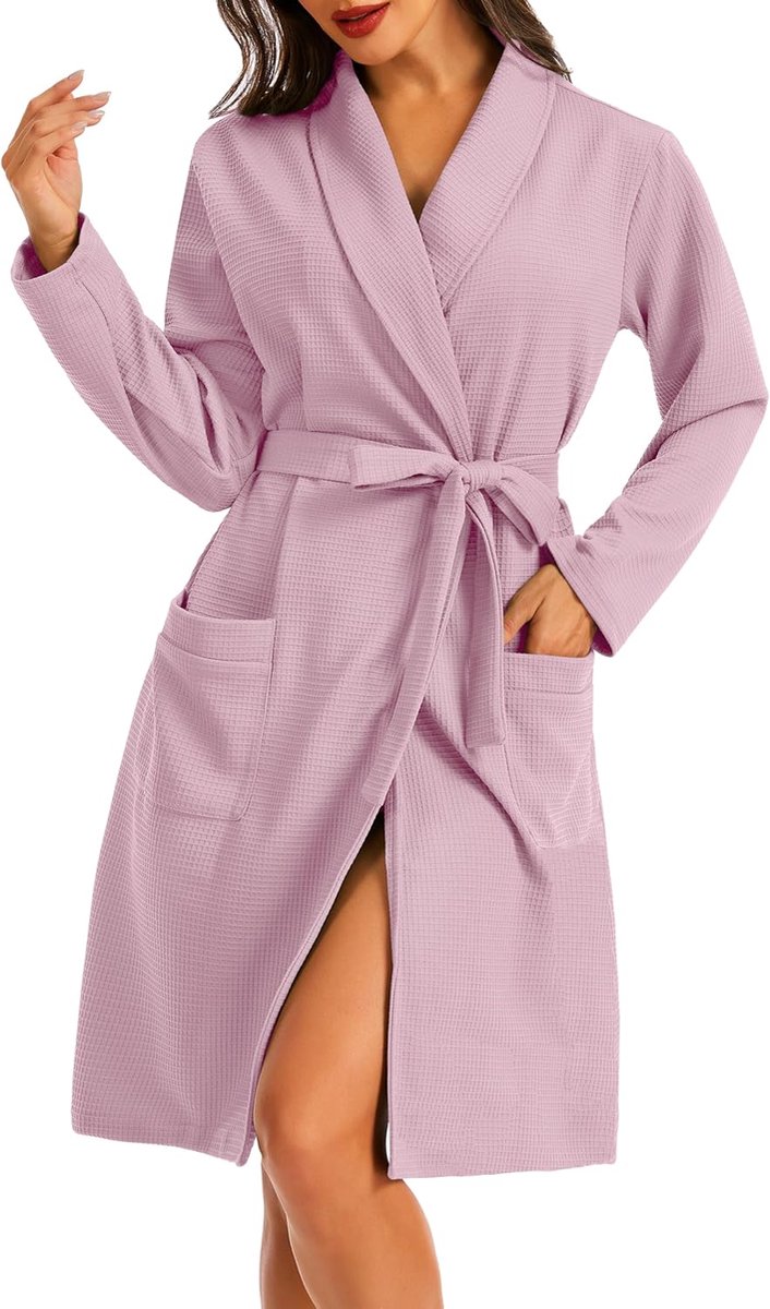 Badjas voor dames, katoen, wafelpiqué, licht, lange mouwen, kimono