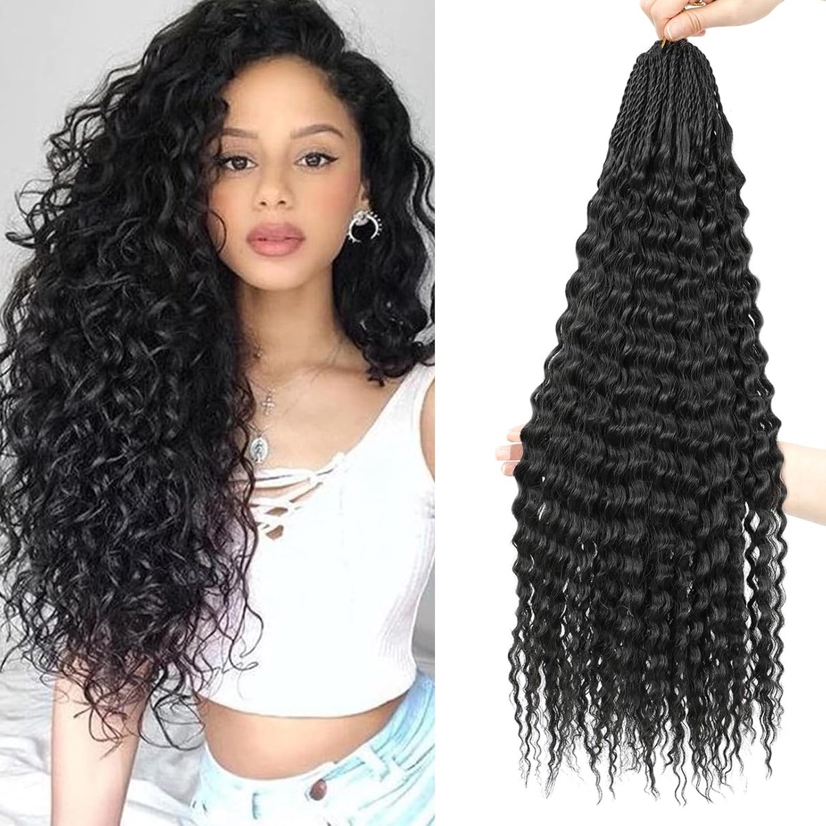 Looped Micro Krullend Gehaakte Haar 8 Packs Braziliaanse Afro Kinky Gehaakte Haarextensies Zwarte Vlechten Hair Extensions Diepe Golf Synthetische (1B, 22 Inch (Pack of 8))