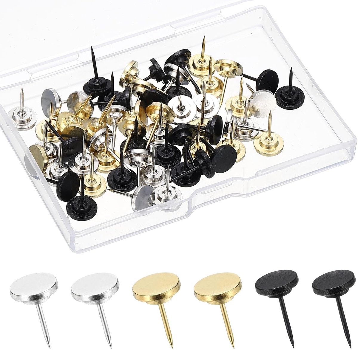 20 stuks platte pushpins, zwart/zilverkleur/goudkleurige metalen